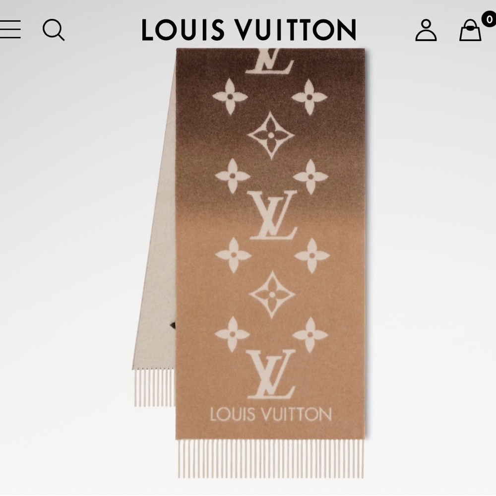 Louis Vuitton Brown and Cream Scarf with Monogram Pattern and Fringe